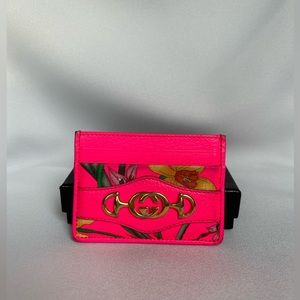 Gucci Card Holder in Hot Pink anr Floral Design with Gold GG hardware